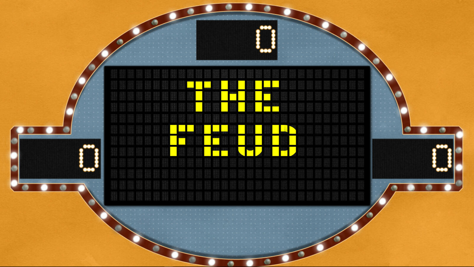 Game-show style board with marquee lights and digital score panels; center display reads “THE FEUD.”